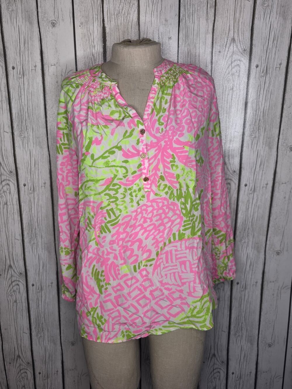 Lilly Pulitzer Women's Floral Button Blouse 100% Silk Pink Green Long Sleeve M